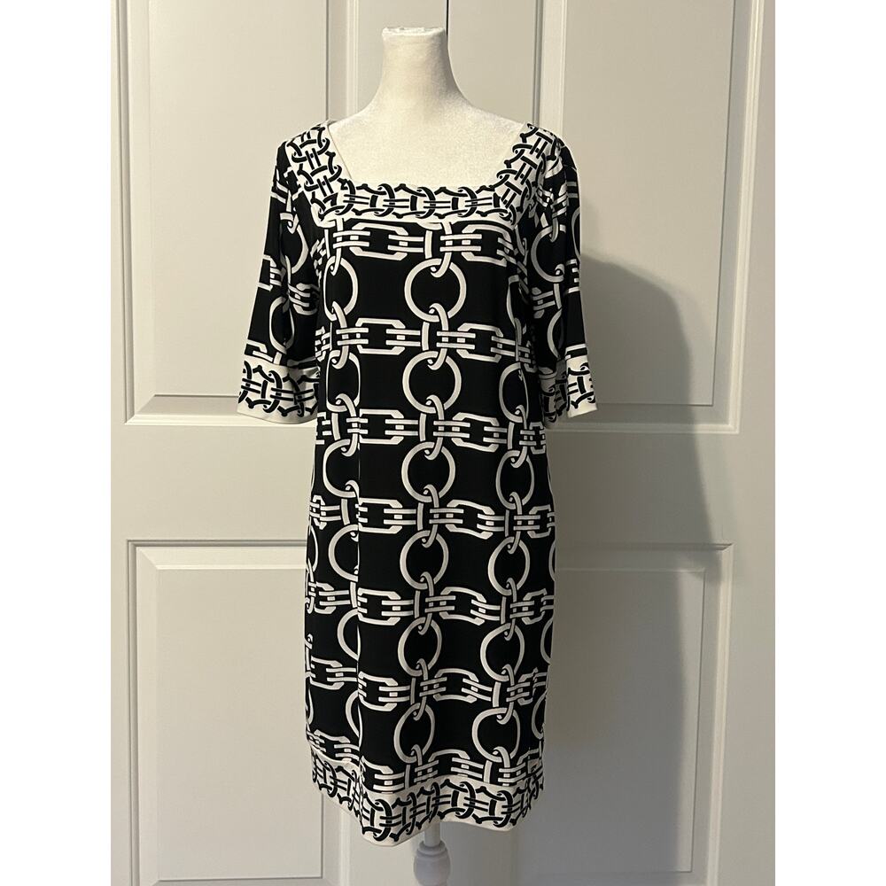 Alfani Black White Chain Print Stretch Shift Dress Medium